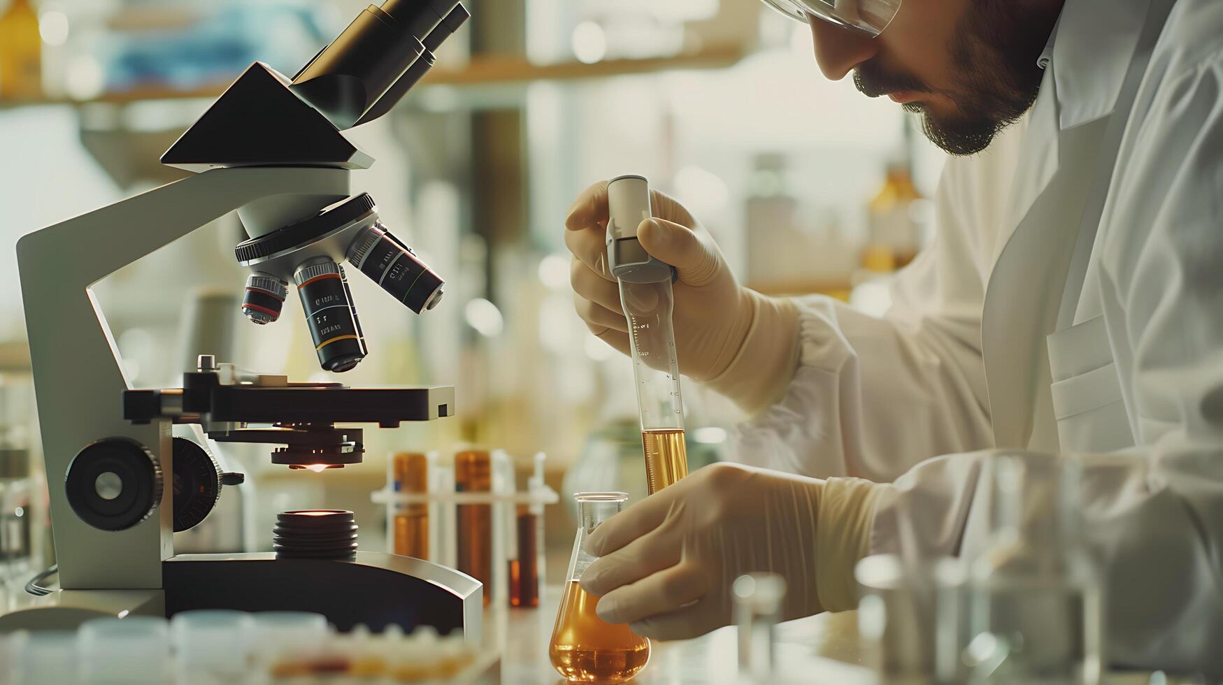 AI generated Scientist Conducts Colorful Experiment with Pipette in Laboratory Setting photo