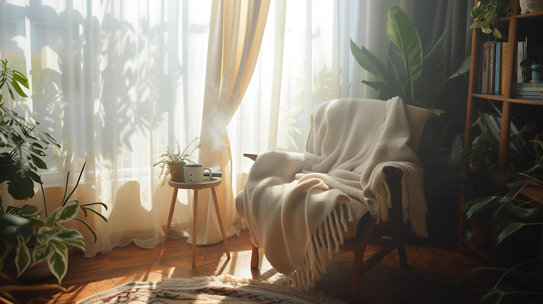AI generated Tranquil Room Invites Relaxation and SelfReflection with Soft Natural Light Cozy Chair Herbal Tea and Calming Ambiance photo