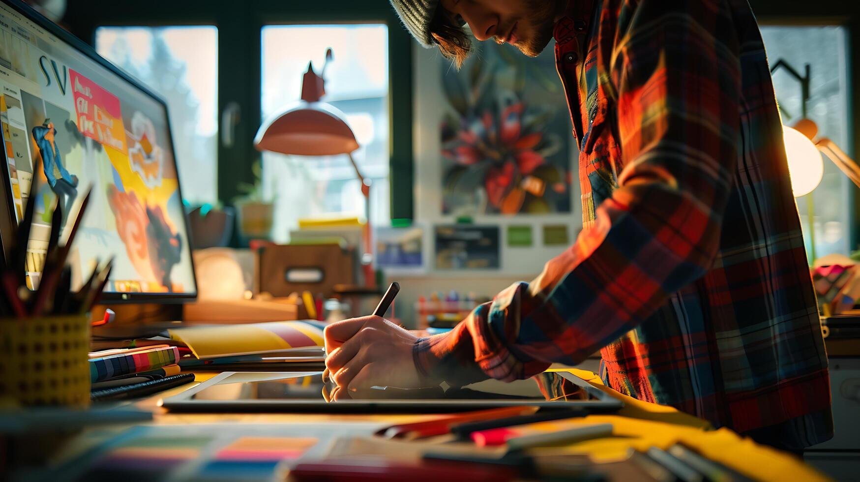 AI generated Graphic Designer Immersed in Digital Work Amidst Colorful Chaos photo