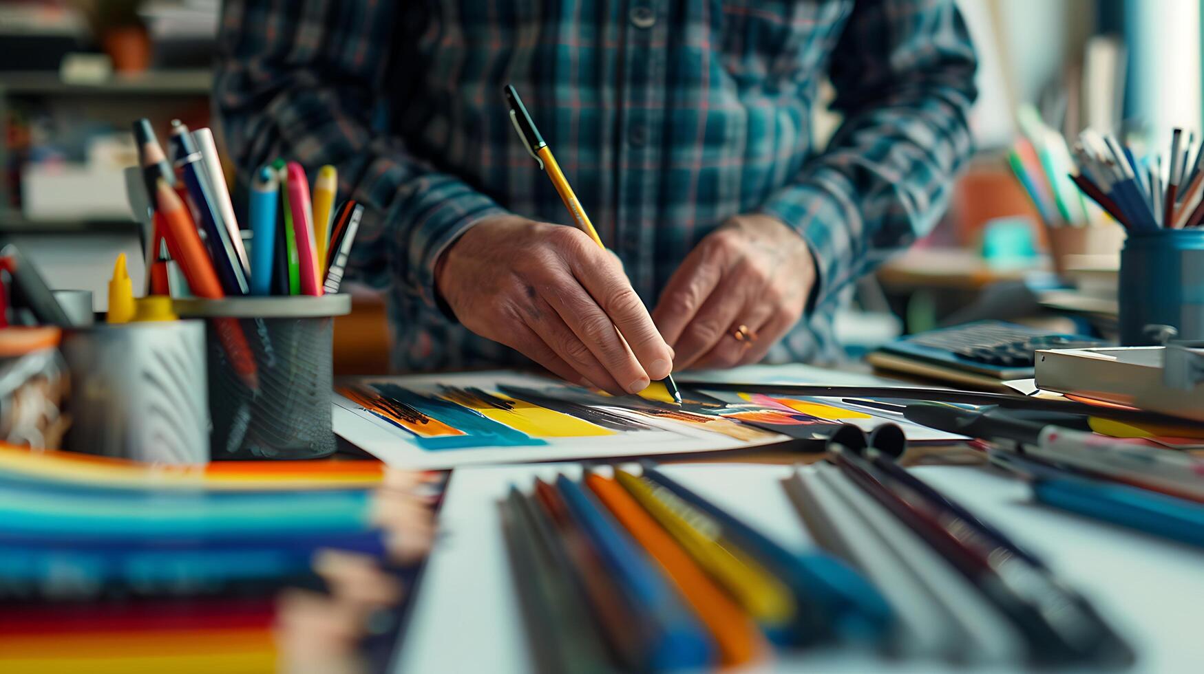 AI generated Designers Hands Organize Colorful Graphic Resources on Neat Desk in Soft Natural Light photo