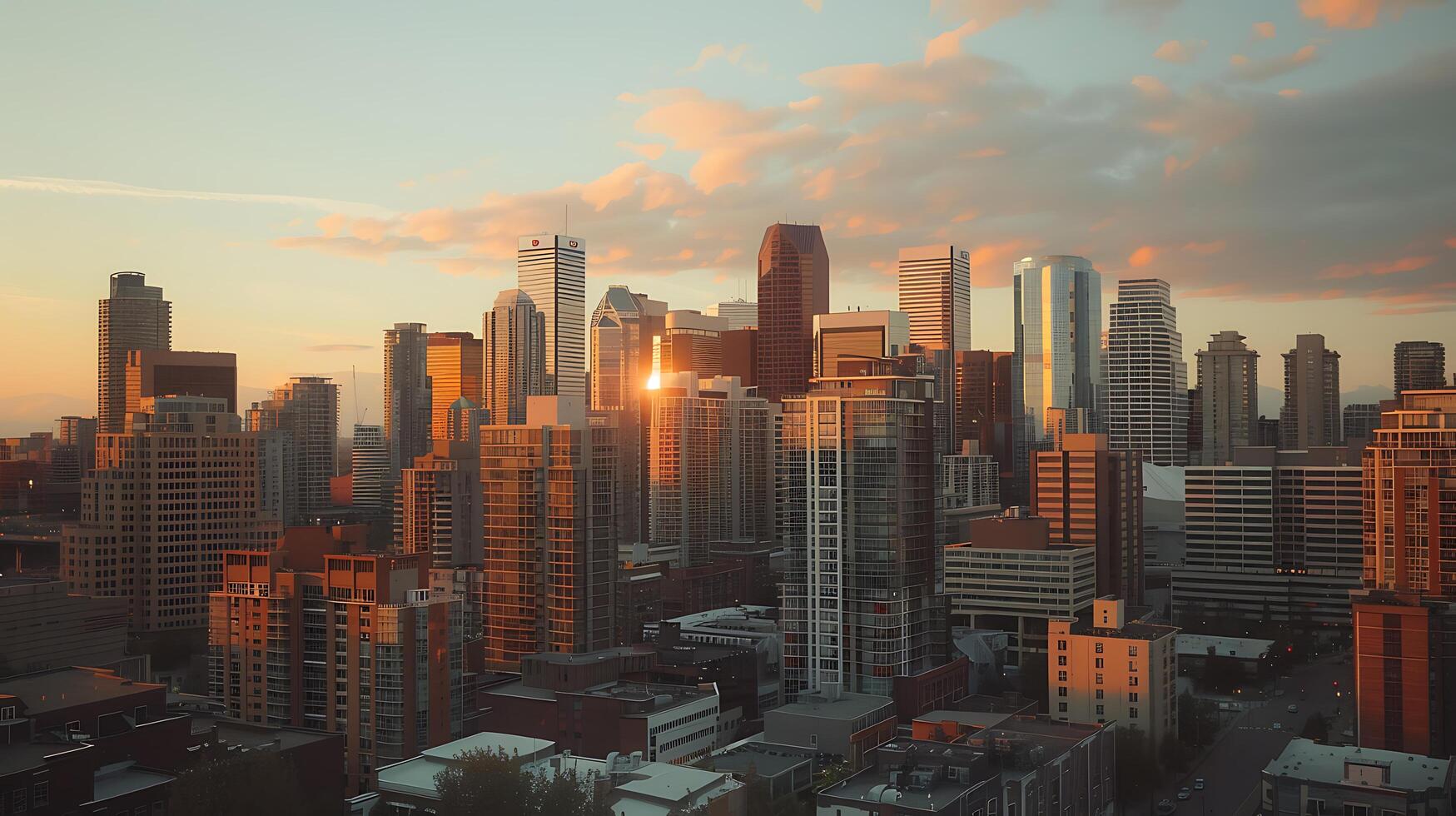 AI generated City Skyline Embraces Sunset Glow with Modern and Historic Buildings Bathed in Soft Natural Light photo