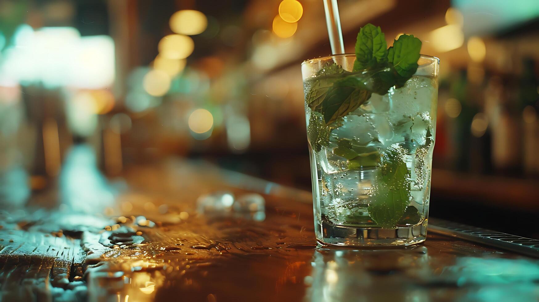 AI generated Refreshing Mojito Cocktail in Tropical Beach Setting captured with 50mm Lens photo