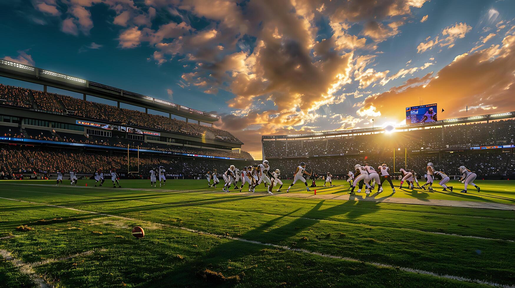 AI generated Football Action Players on Green Field Crowd Cheering Sunset Silhouette photo