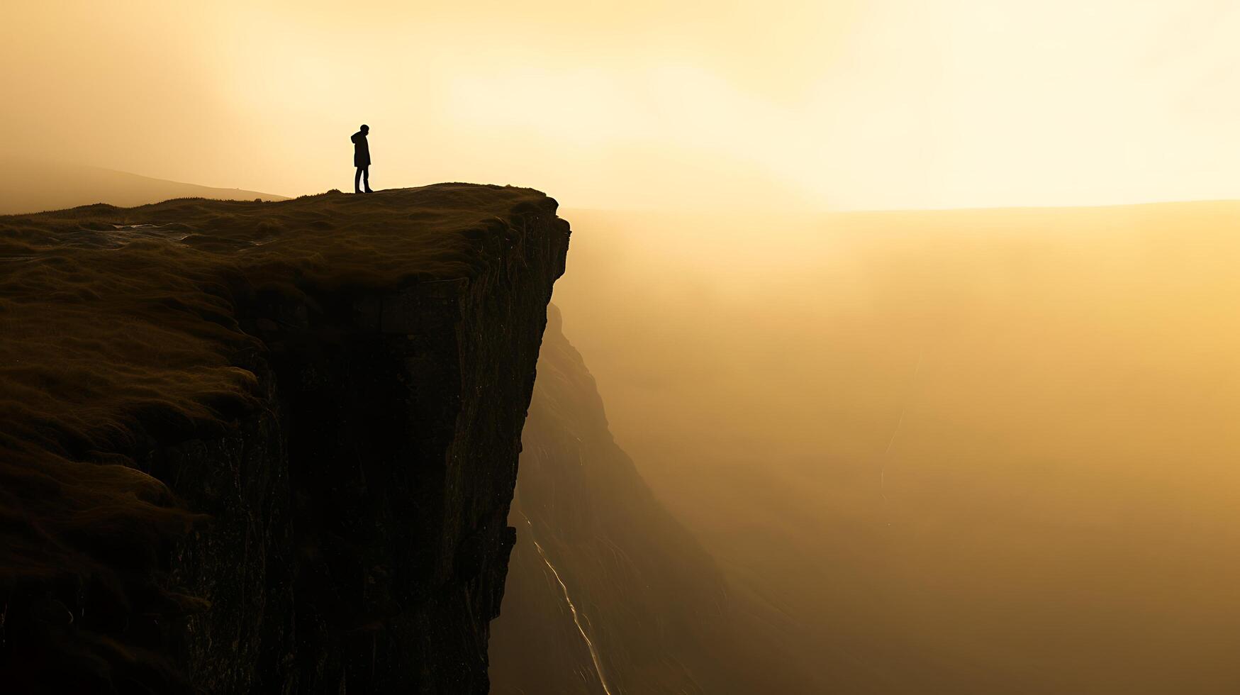 AI generated Embracing Change Dawns Golden Light Silhouettes Figure Overlooking Vast Misty Valley Symbolizing Resilience and Hope photo