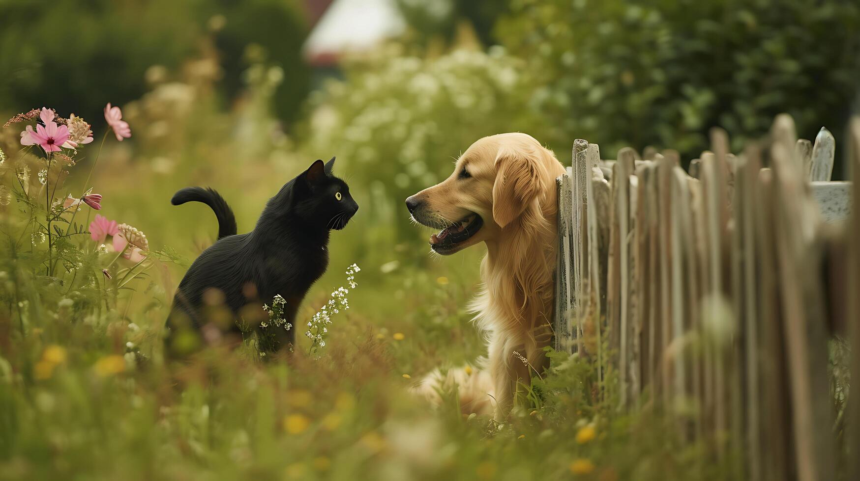 AI generated Joyous Friendship Unfolds Golden Retriever and Piglet Cat and Parrot Create Heartwarming Tableau of Unexpected Connections photo