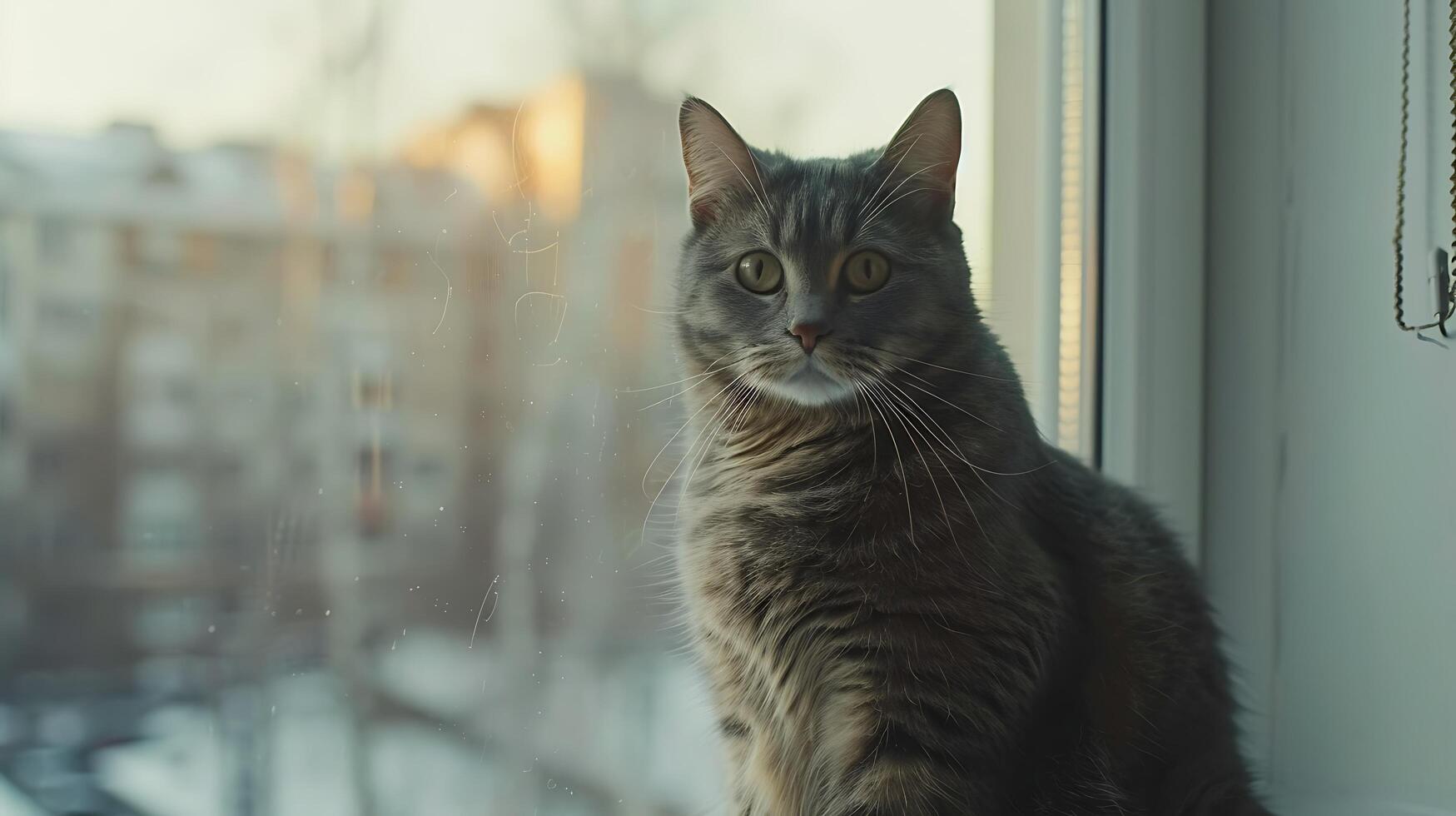 AI generated Curious Cat Basks in Warm Sunlight on Windowsill Soft Focus Background Captured with 50mm Lens photo