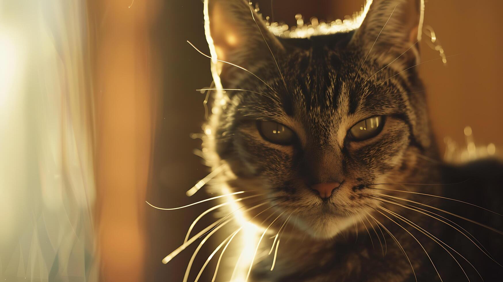 AI generated Curious Cat Peeks from Behind Potted Plant in Sunlit Living Room photo