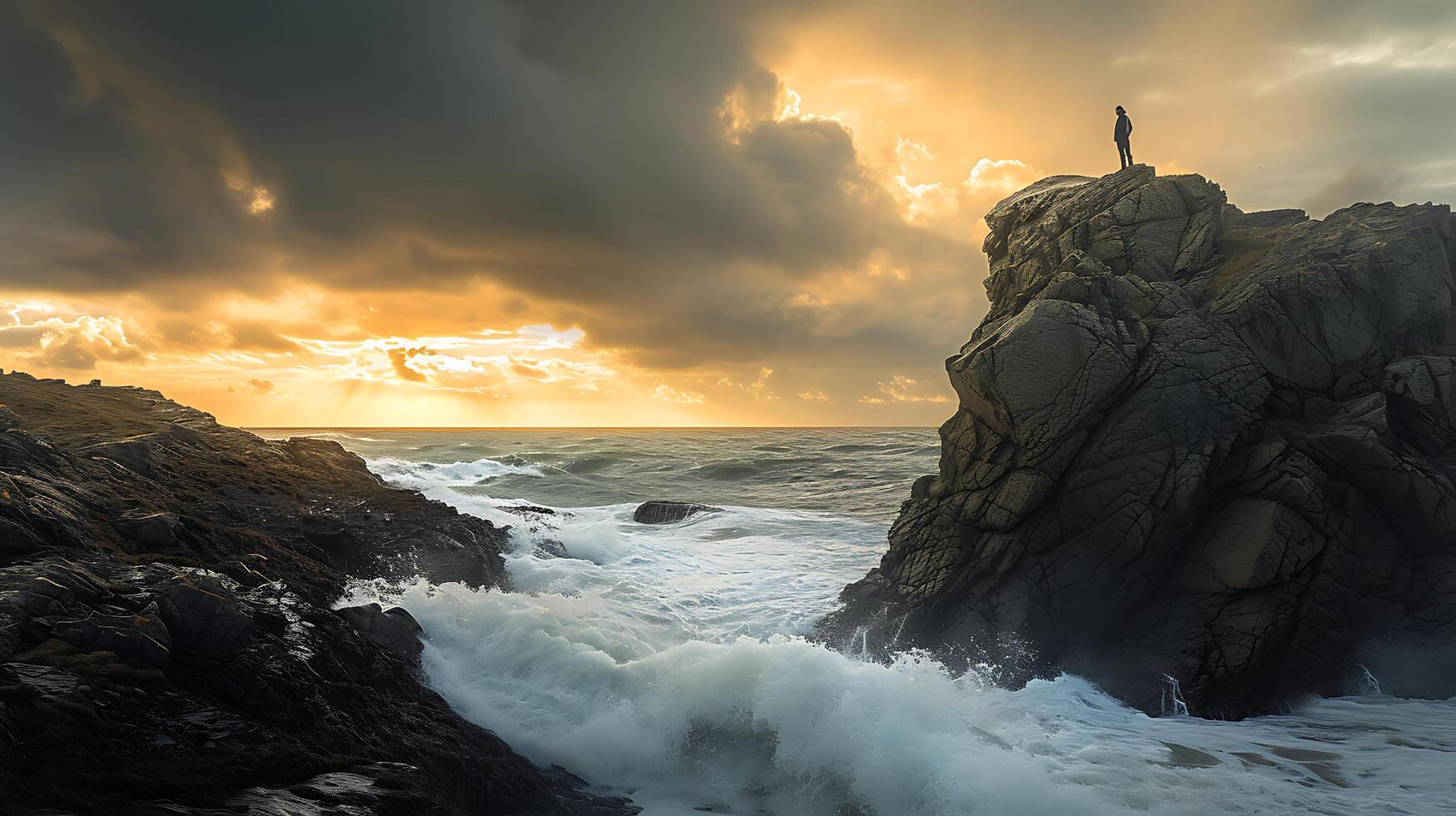 AI generated Resilience Lone Figure Braces Stormy Sea Embracing Hope in Dark Clouds With Determination photo