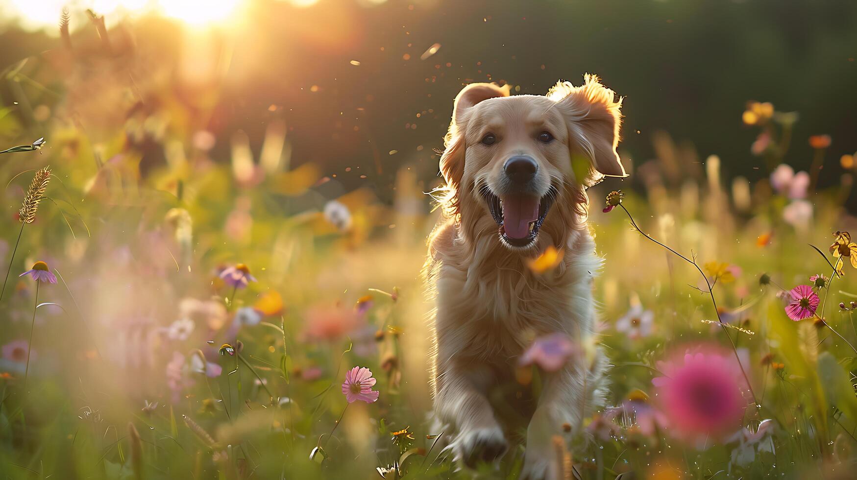 AI generated Golden Retriever Embraces Sunset Run Through Tall Grass Bathed in Warm Soft Light photo