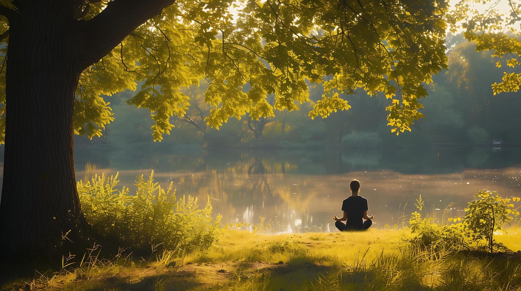 AI generated Tranquil Morning at Serene Lake Journaling Yoga and Natures Beauty Inspiring Inner Peace and Personal Growth photo