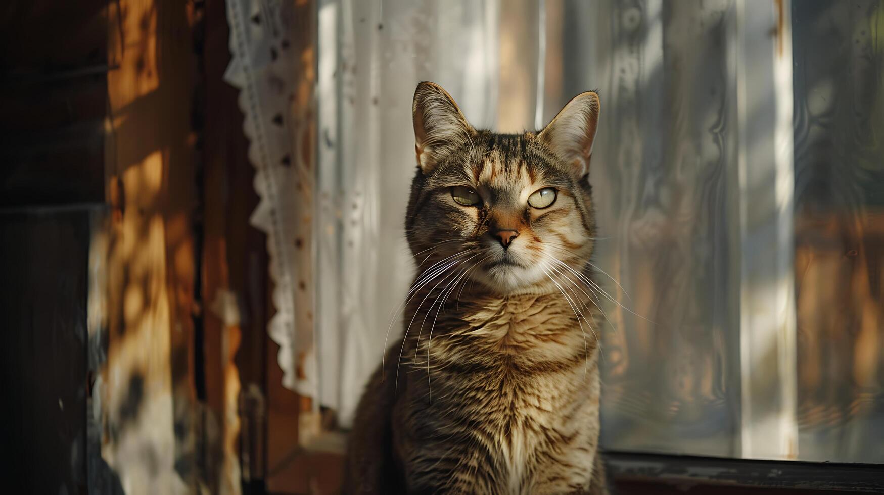 ai generado curioso gato echar un vistazo desde en conserva planta en soleado vivo habitación foto