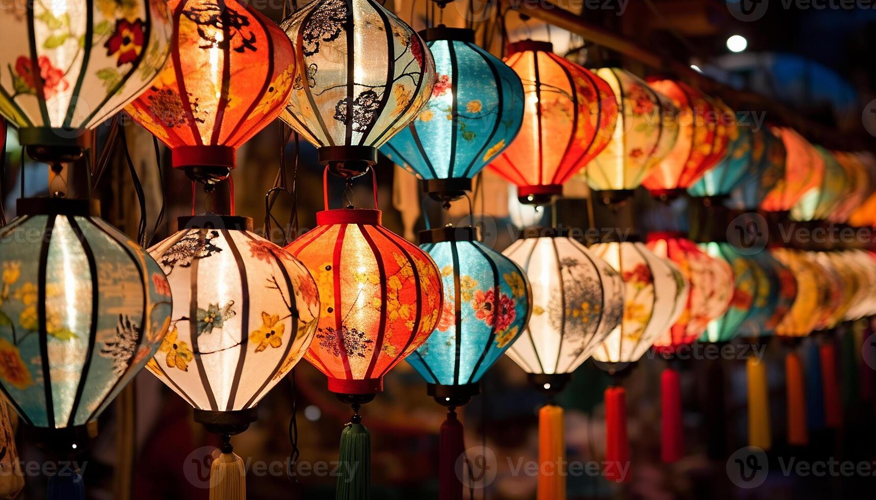 AI generated Chinese lanterns hanging in a row illuminate the night celebration generated by AI photo