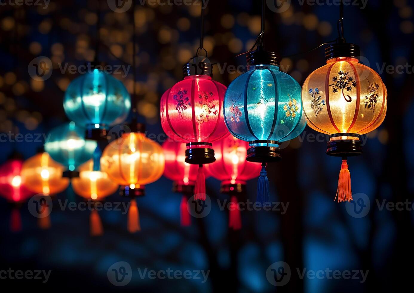 AI generated Chinese lanterns hanging in the night, glowing with vibrant colors generated by AI photo