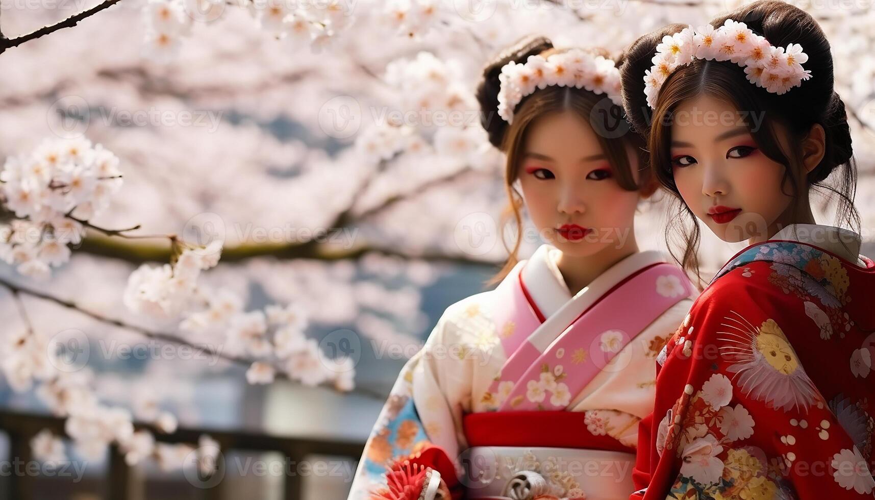 AI generated Two young women in traditional Japanese clothing smiling outdoors generated by AI photo