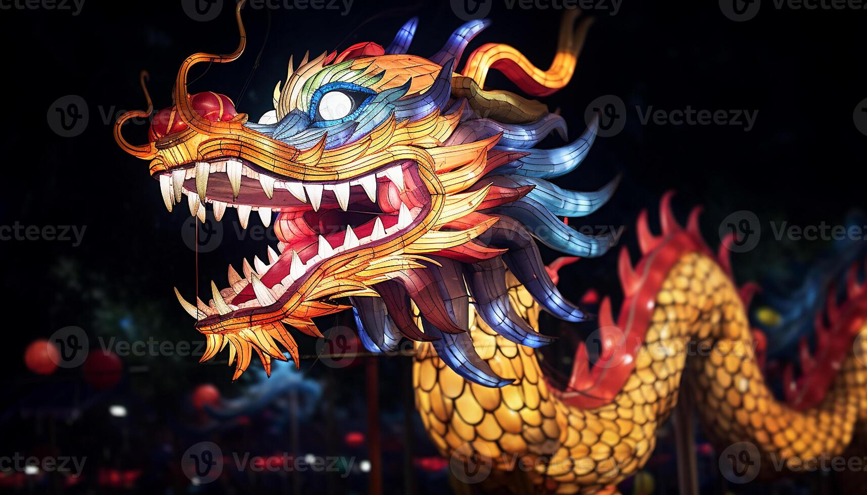 AI generated Dragon dances in vibrant colors symbolize Chinese New Year celebration generated by AI photo