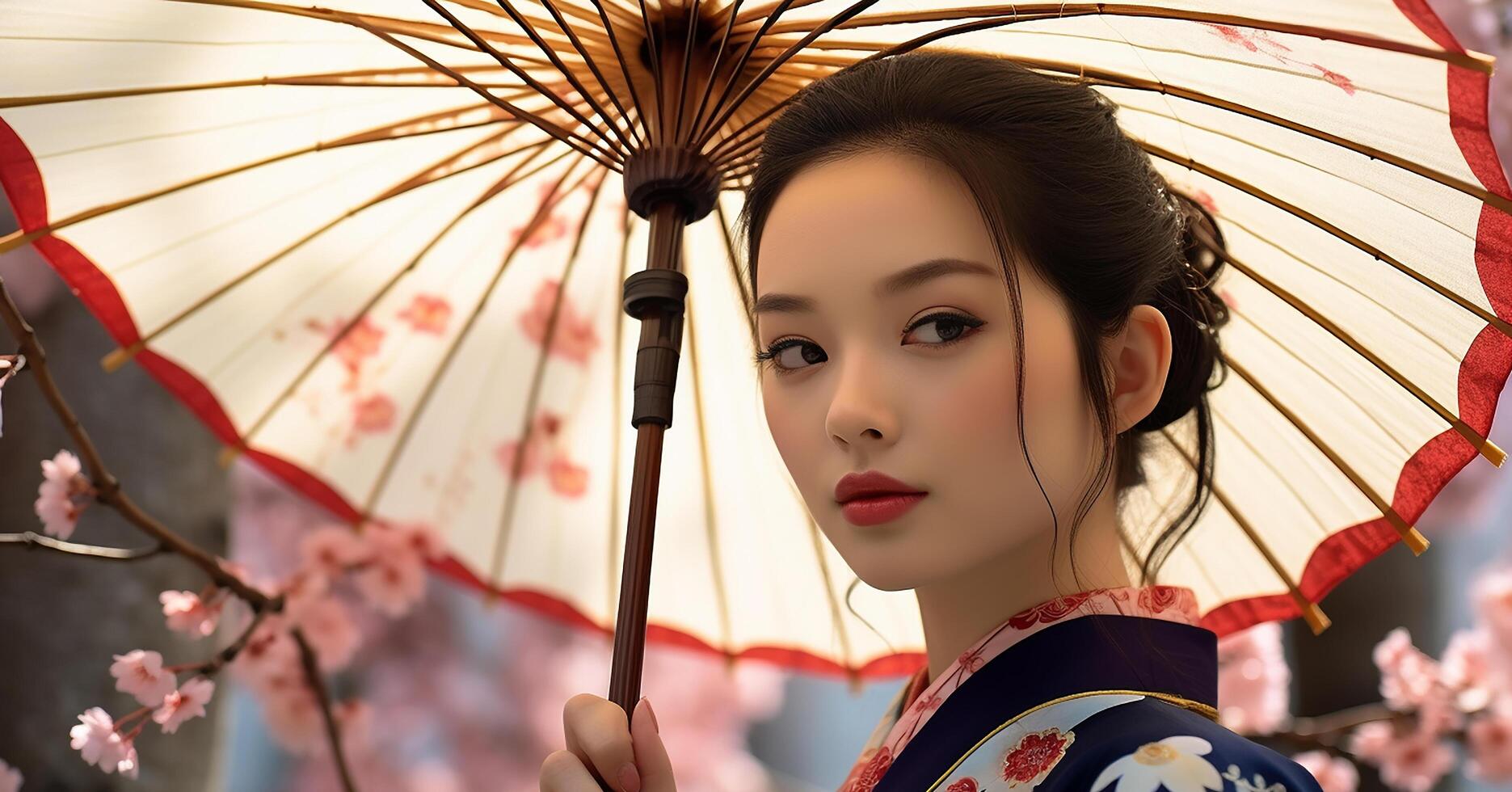 ai generado un hermosa geisha, elegancia en tradicional ropa, participación un papel paraguas generado por ai foto