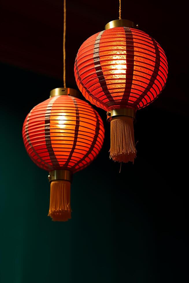 AI generated Chinese lanterns hanging outdoors illuminate the night with vibrant colors generated by AI photo