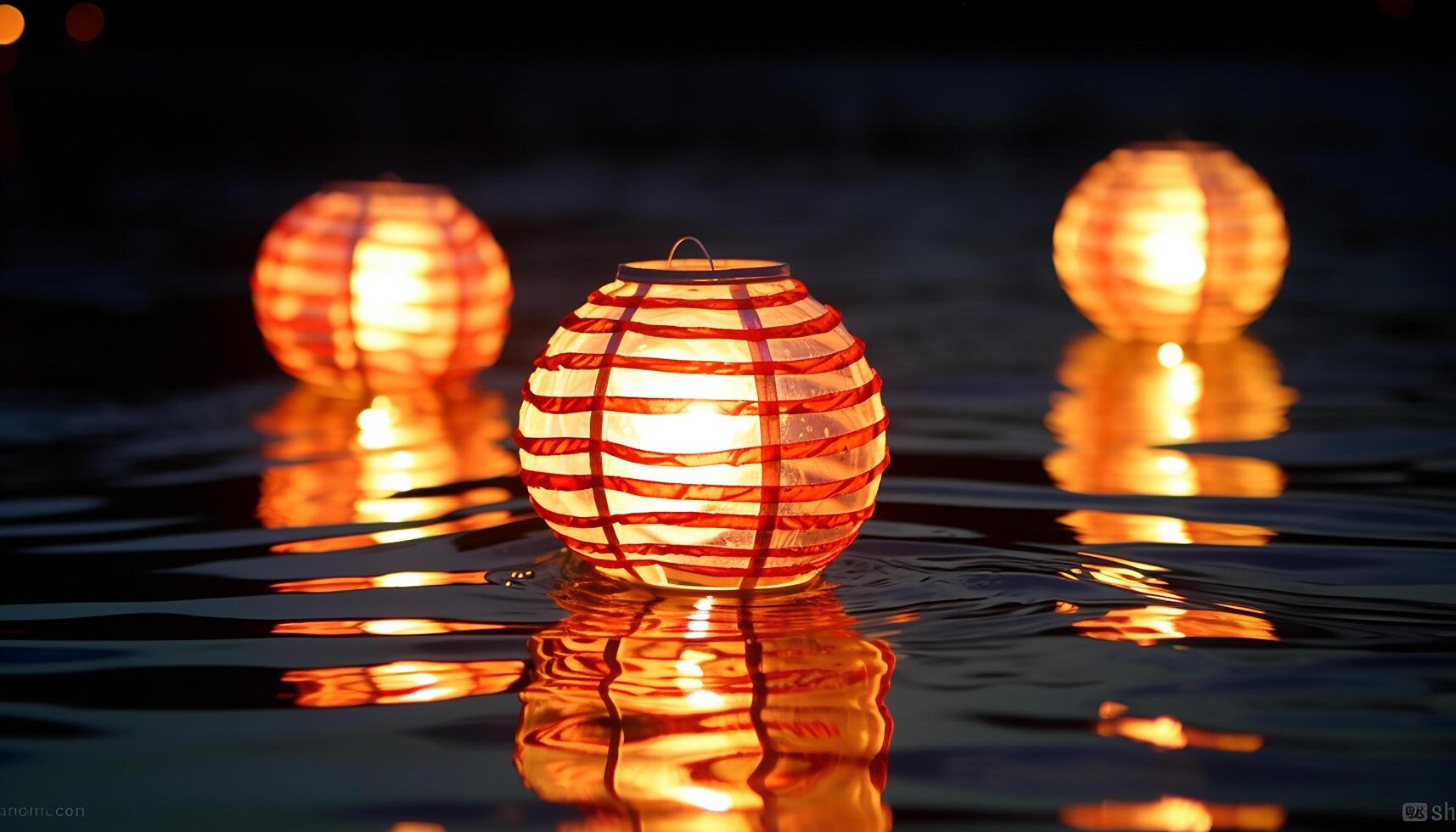 AI generated Glowing lantern reflects on water, illuminating tranquil summer night generated by AI photo