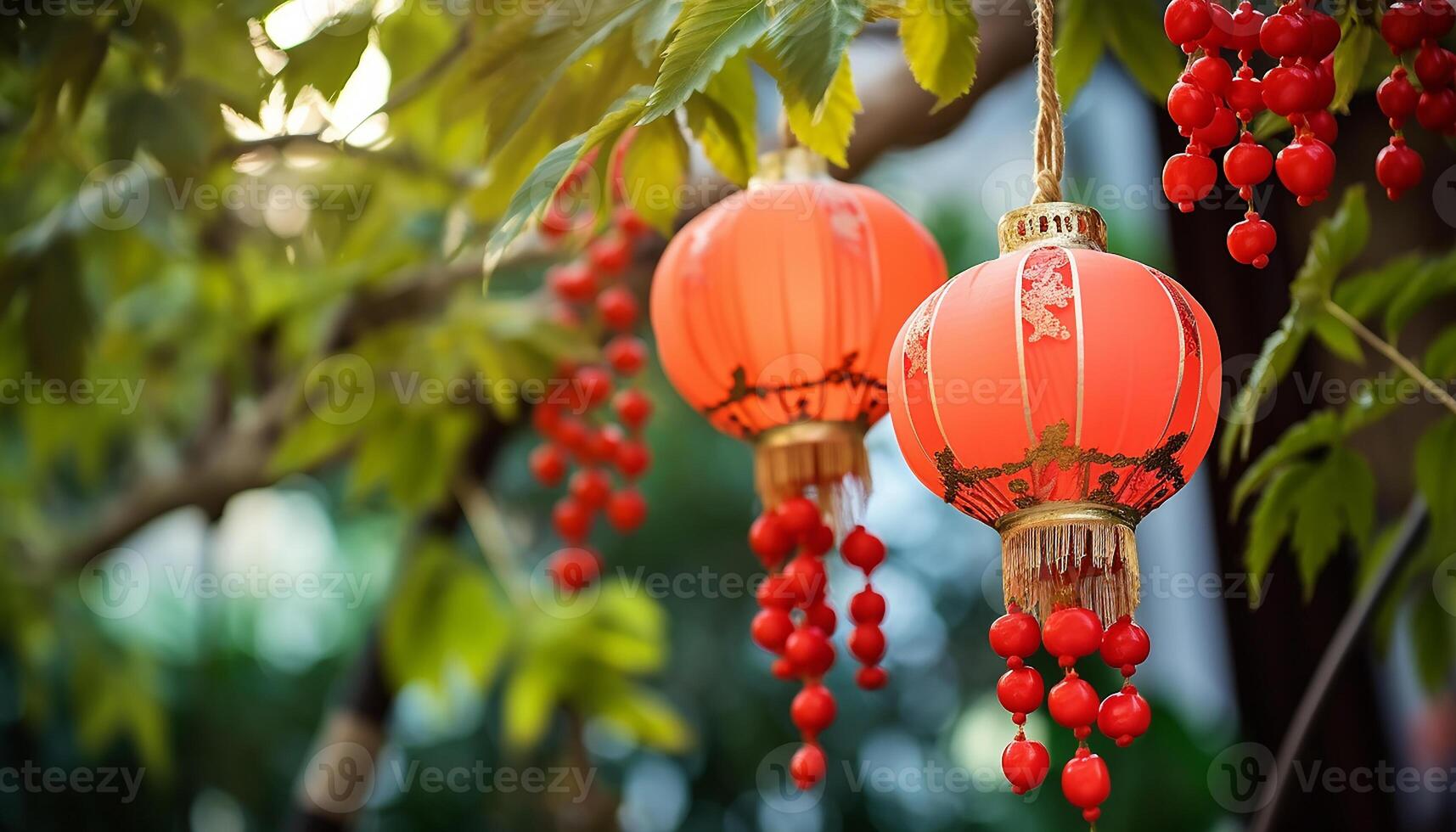 AI generated Chinese lanterns hanging from tree branches illuminate the festive celebration generated by AI photo