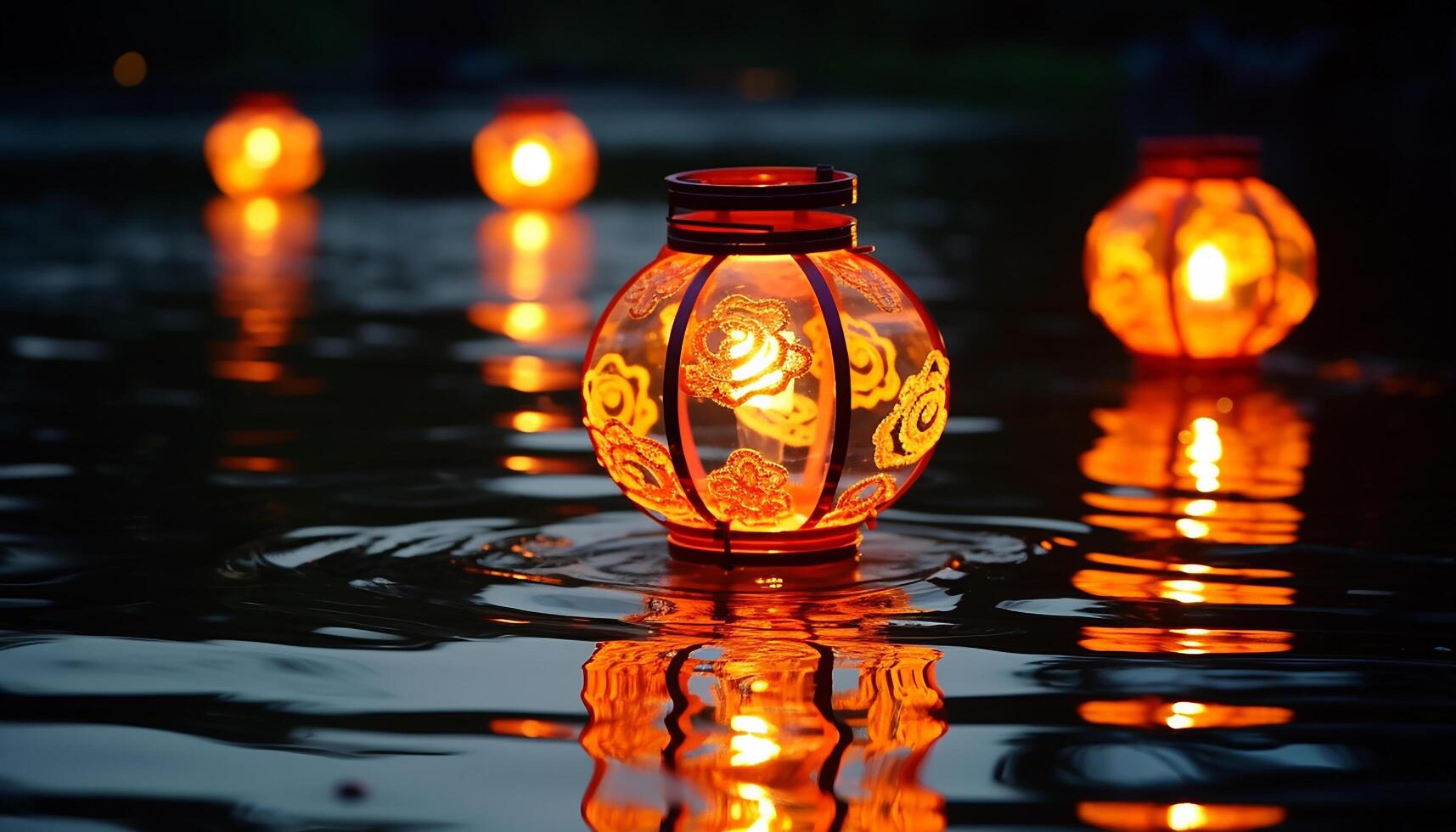 AI generated Glowing candle reflects on tranquil water, illuminating nature decoration generated by AI photo