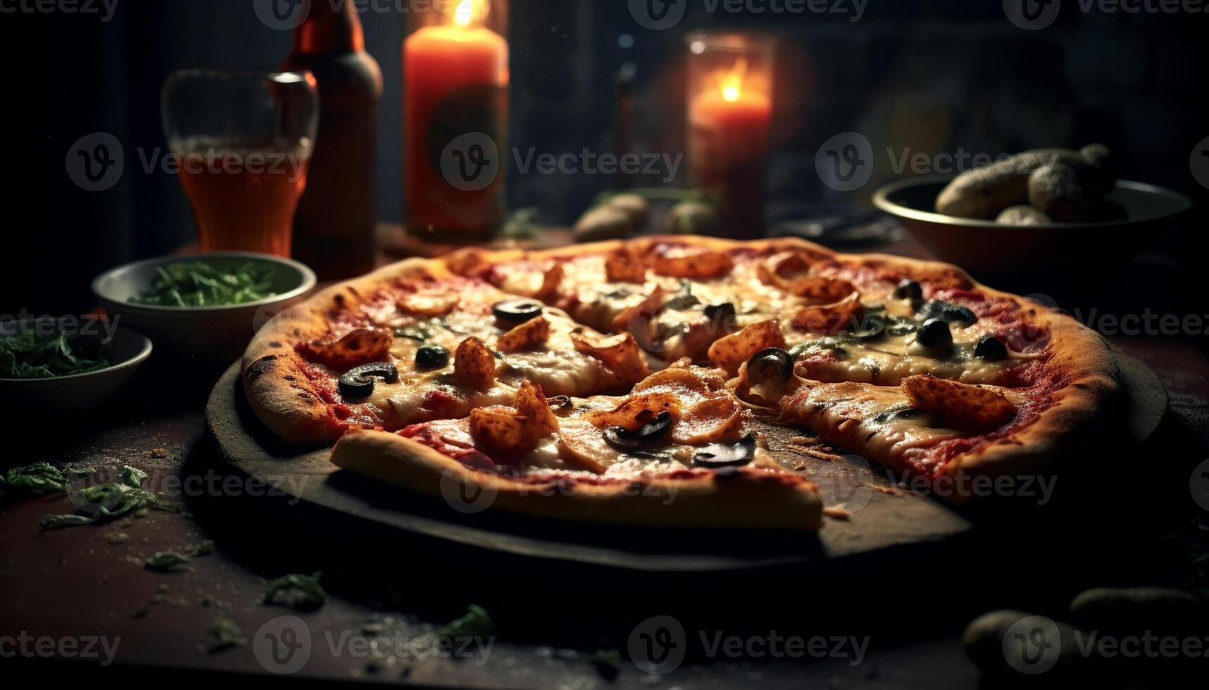 AI generated Freshly baked pizza on wooden table, Italian gourmet generated by AI photo