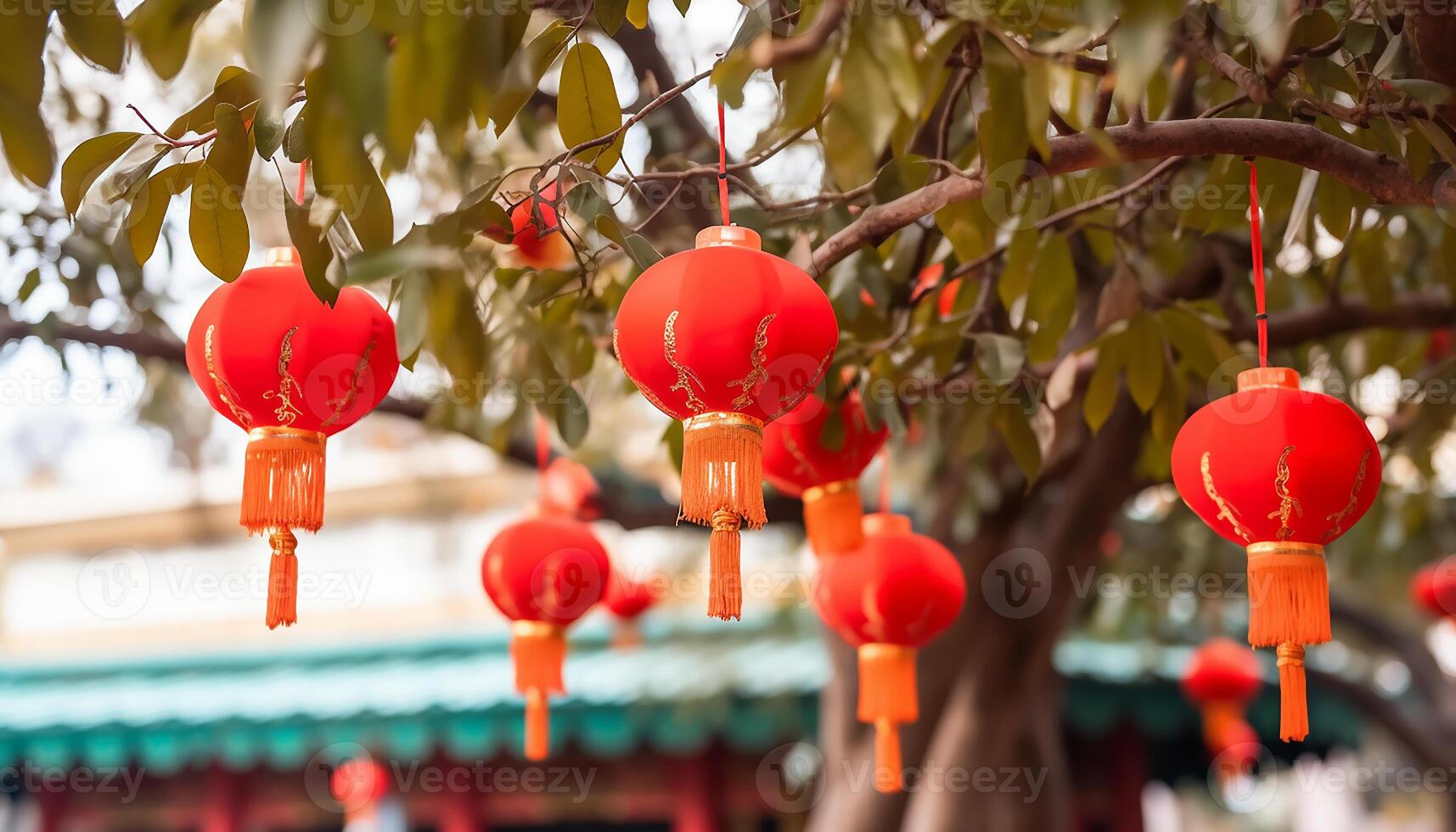 AI generated Chinese lanterns hanging on tree, illuminating winter night outdoors generated by AI photo