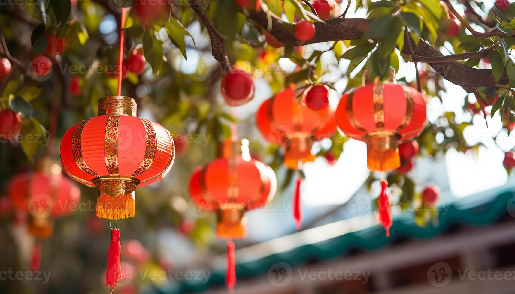 AI generated Chinese lanterns illuminate the night, symbolizing prosperity and luck generated by AI photo