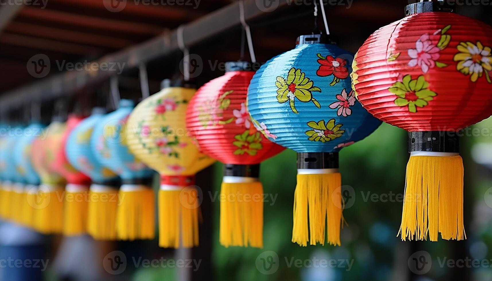 AI generated Chinese lanterns hanging in a row illuminate the night with vibrant colors generated by AI photo