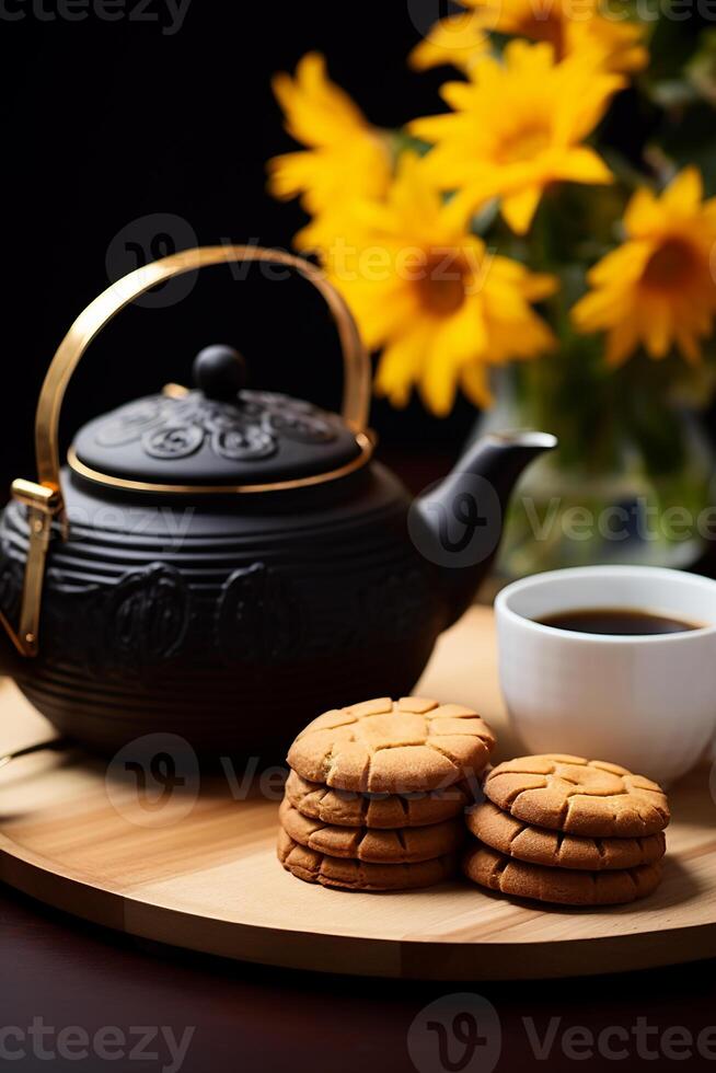 AI generated Hot drink, tea, cookie, wood table, dessert, freshness, snack, sweet food generated by AI photo