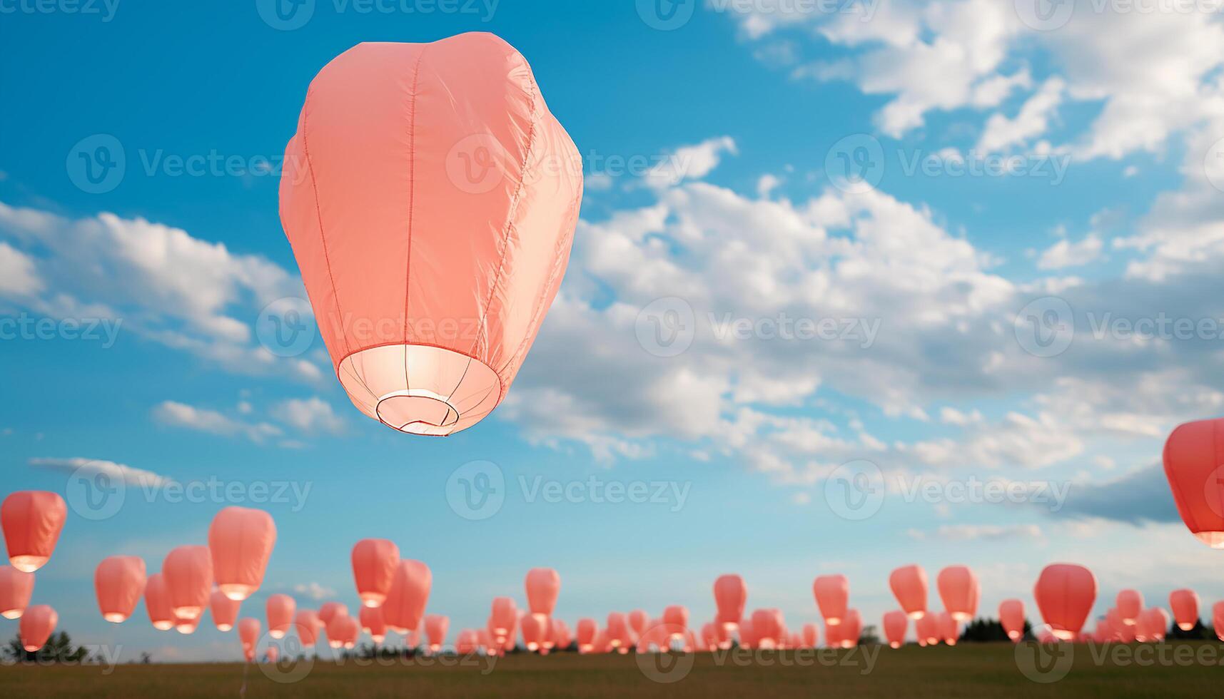 AI generated Flying hot air balloon in blue sky, summer celebration generated by AI photo