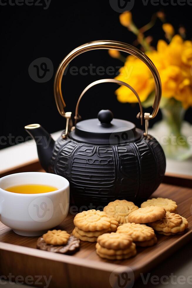 AI generated Hot tea in a wooden teapot on a yellow table generated by AI photo