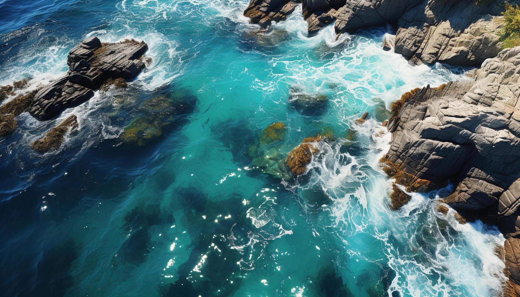 AI generated Majestic wave breaking on rocky coastline, natural beauty generated by AI photo