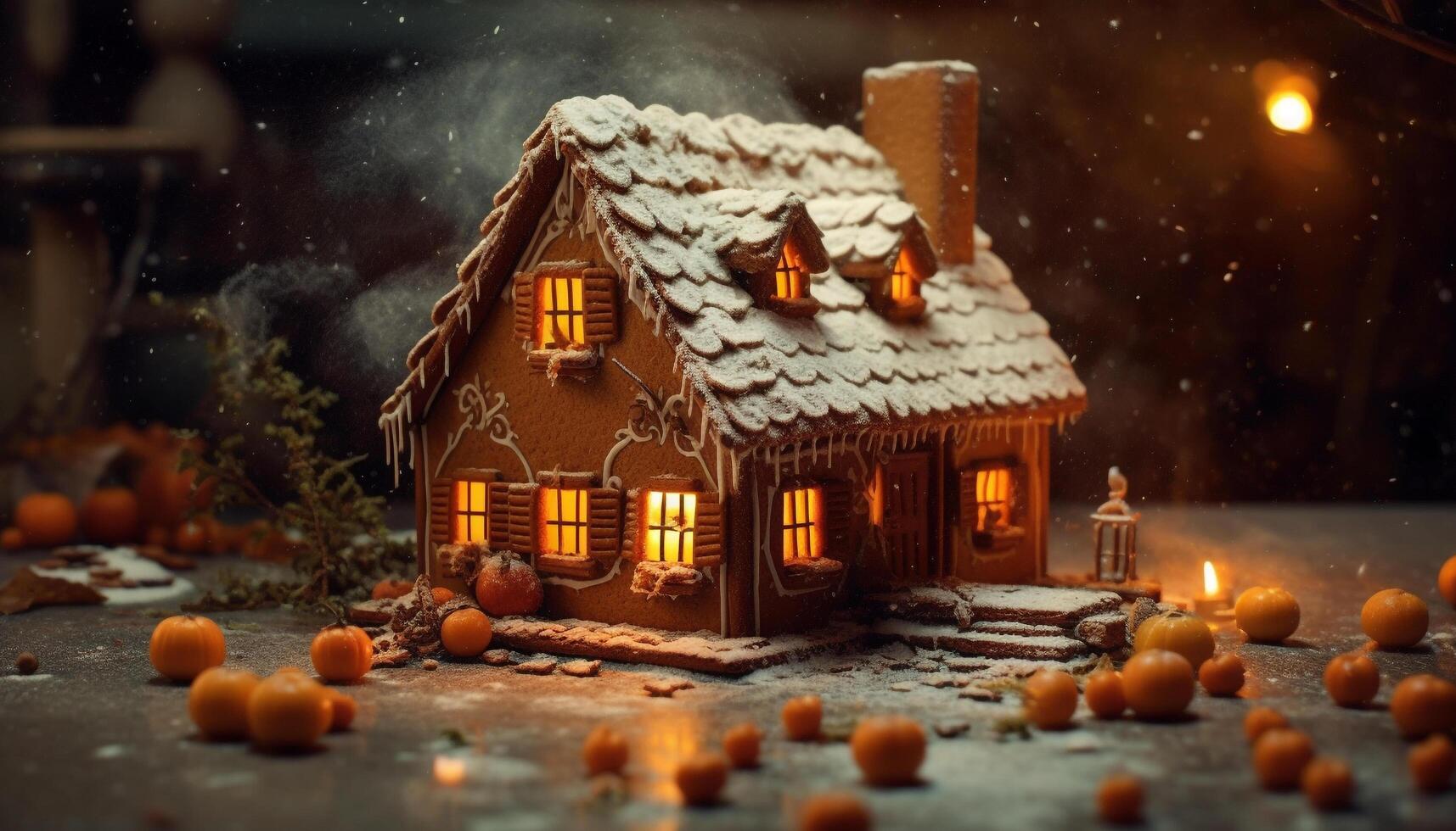 AI generated Winter celebration, homemade gingerbread house, snowflake decoration, sweet food generated by AI photo