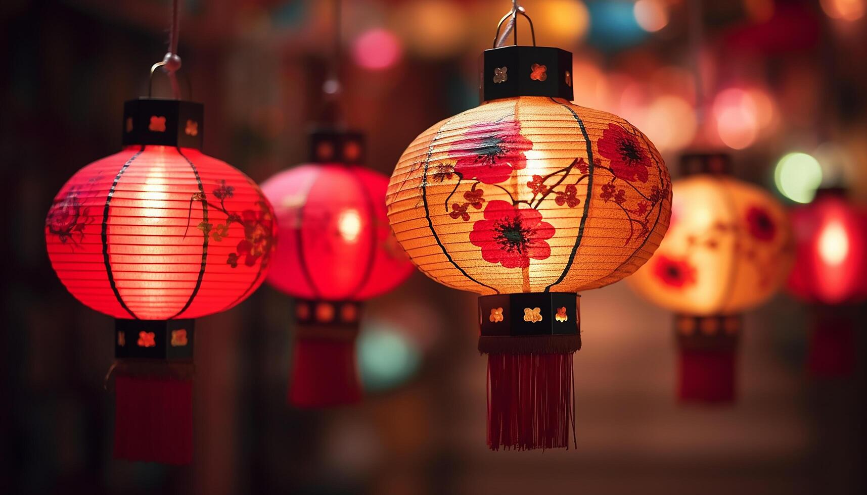 AI generated Chinese lanterns illuminate the night, symbolizing prosperity and luck generated by AI photo