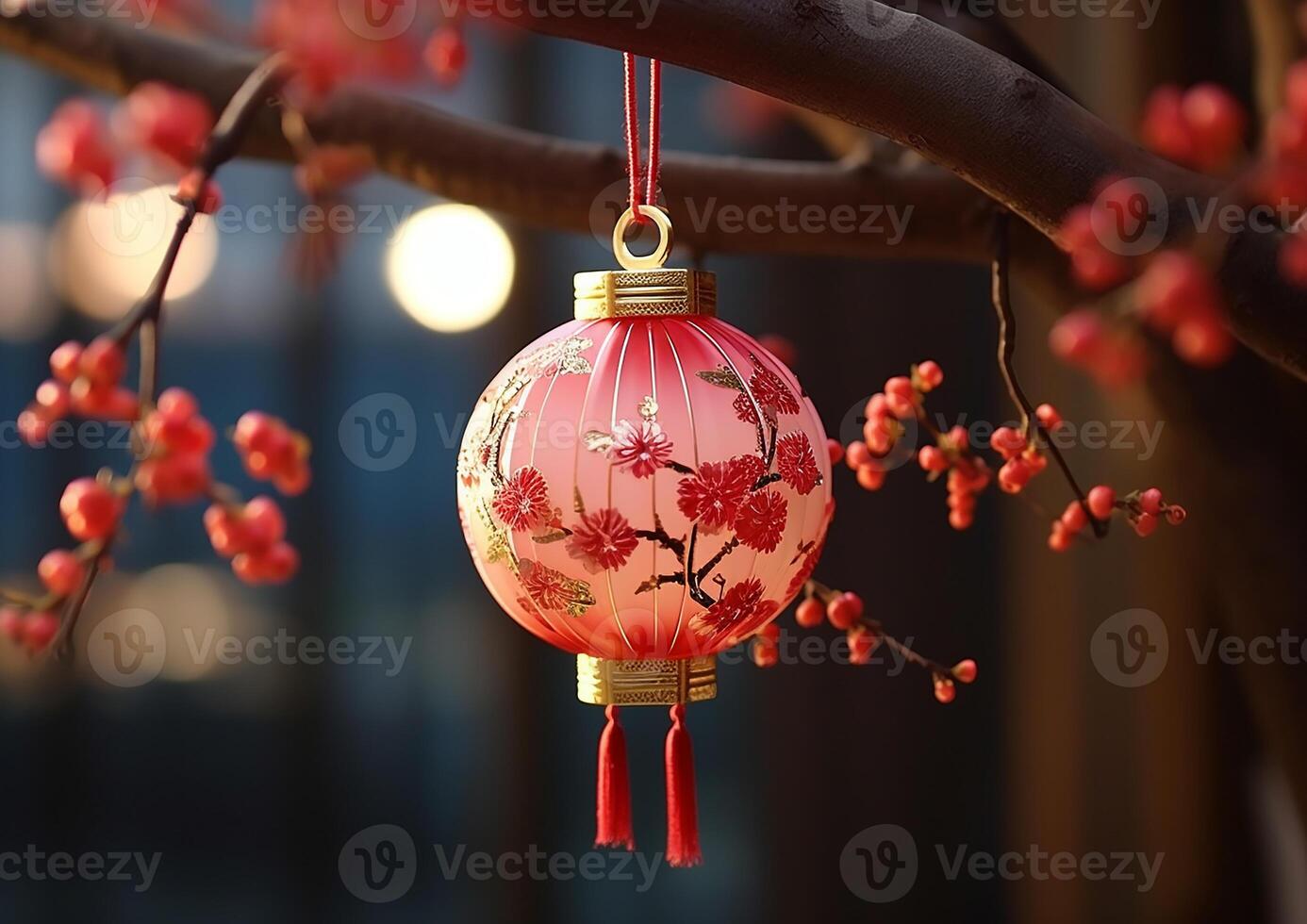 AI generated Christmas ornament hanging on tree, illuminated with glowing Christmas lights generated by AI photo