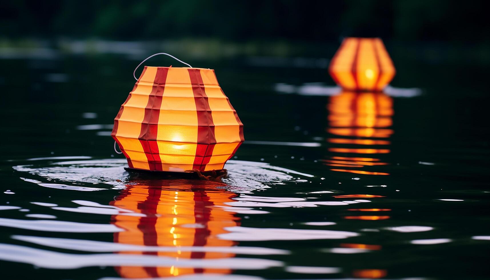 AI generated Floating lantern reflects on tranquil pond, capturing summer beauty generated by AI photo