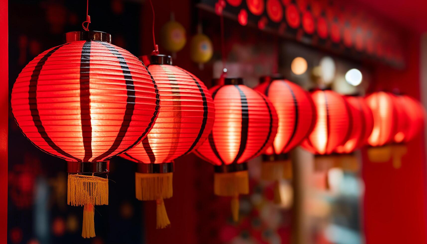 AI generated Chinese lanterns hanging in a row illuminate the night with luck and prosperity generated by AI photo