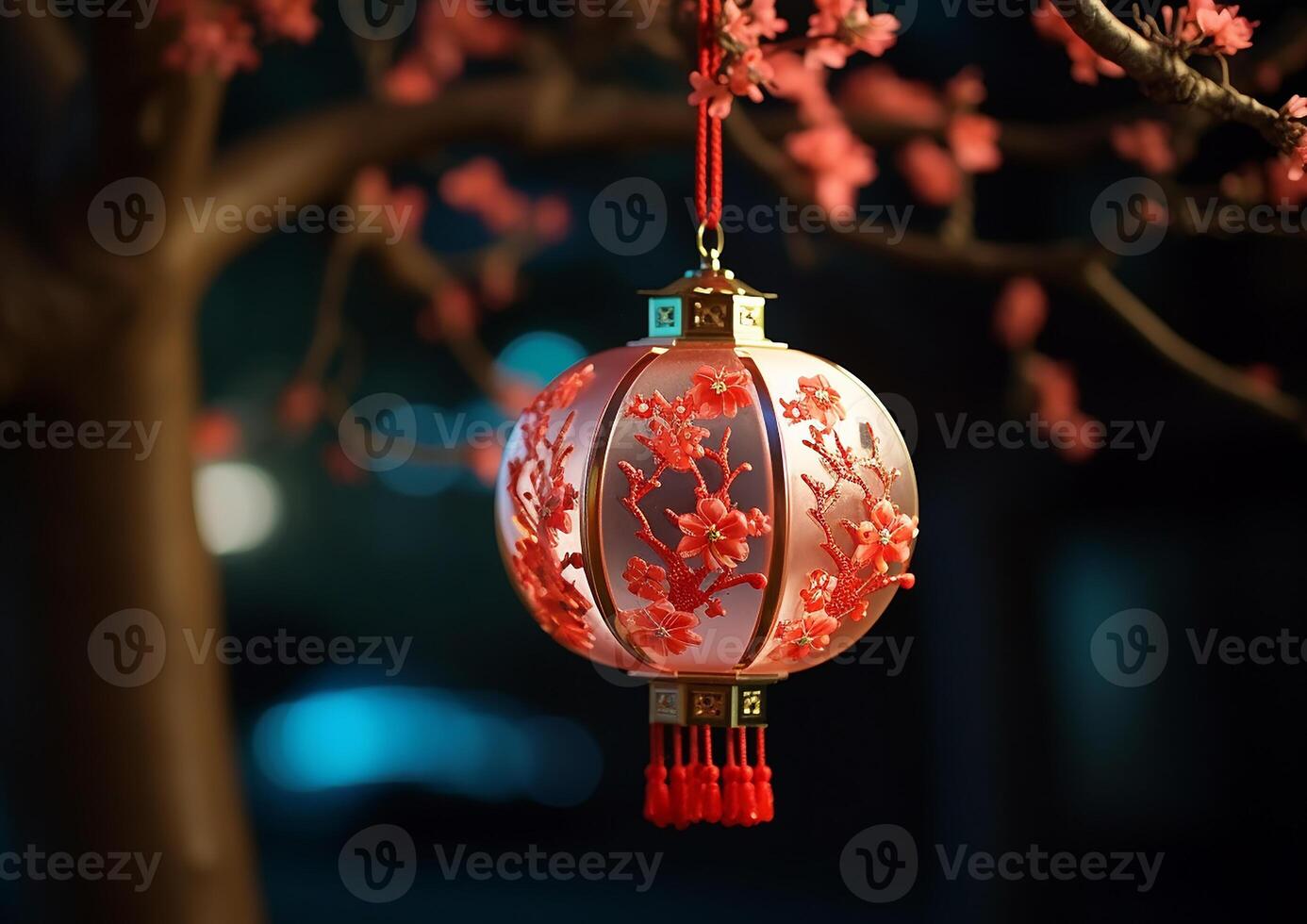 AI generated Chinese lanterns hanging from tree branches illuminate the winter night generated by AI photo
