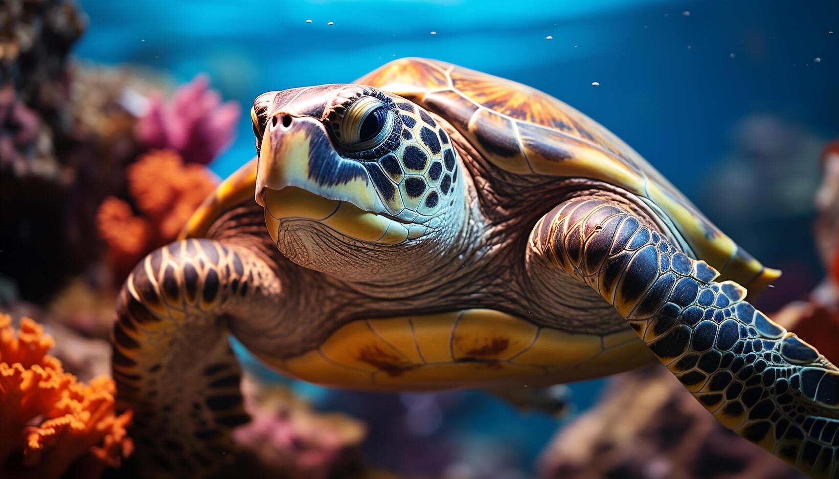 AI generated Underwater turtle swimming in the colorful coral reef generated by AI photo