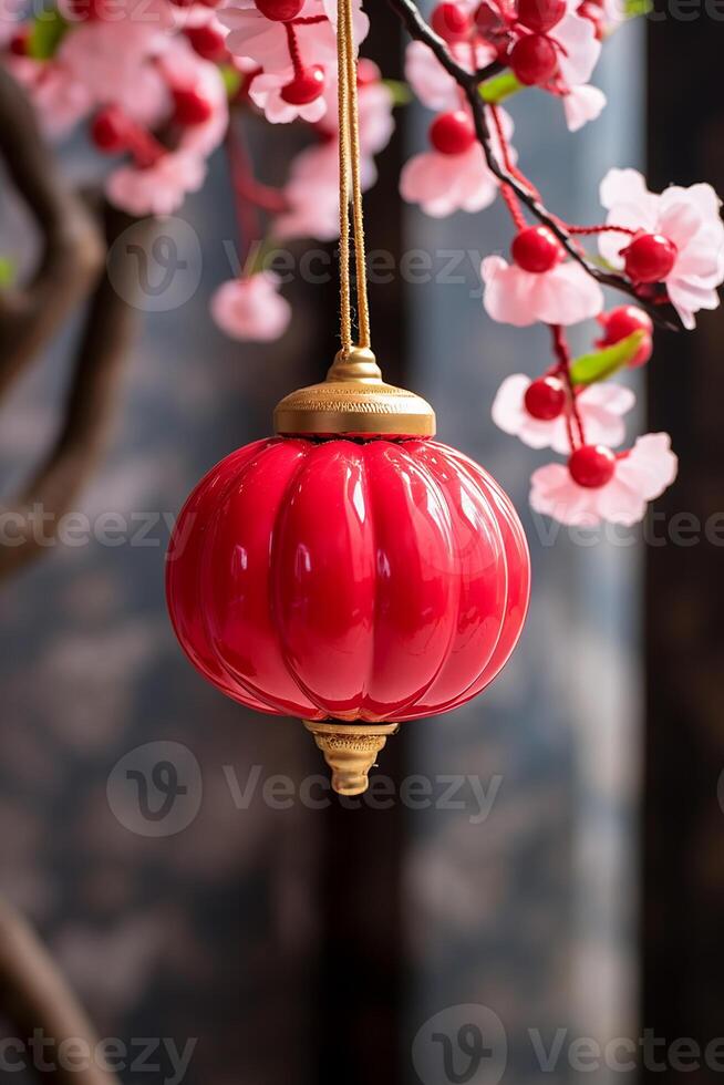 AI generated Celebration of nature hanging lanterns illuminate wood, symbolizing traditional festivals generated by AI photo