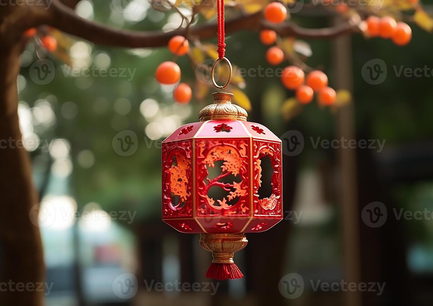 AI generated Illuminated lanterns hanging on tree, glowing in winter night generated by AI photo
