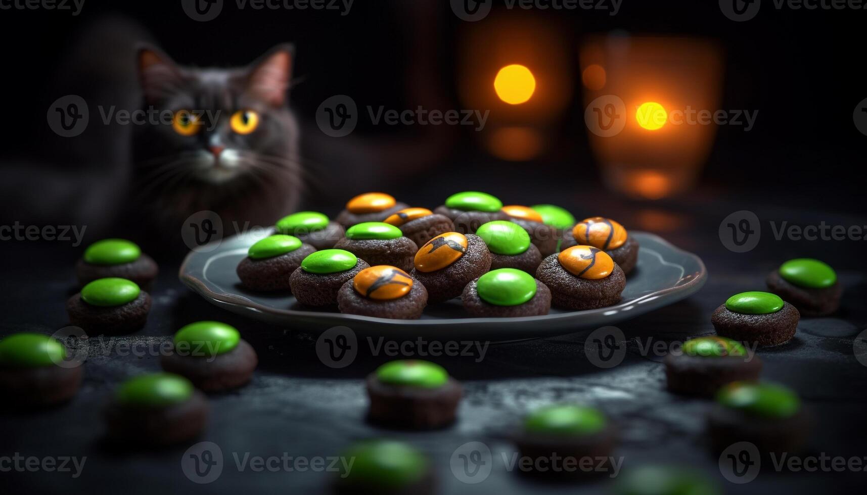 AI generated Cute cat enjoys homemade chocolate dessert on table generated by AI photo