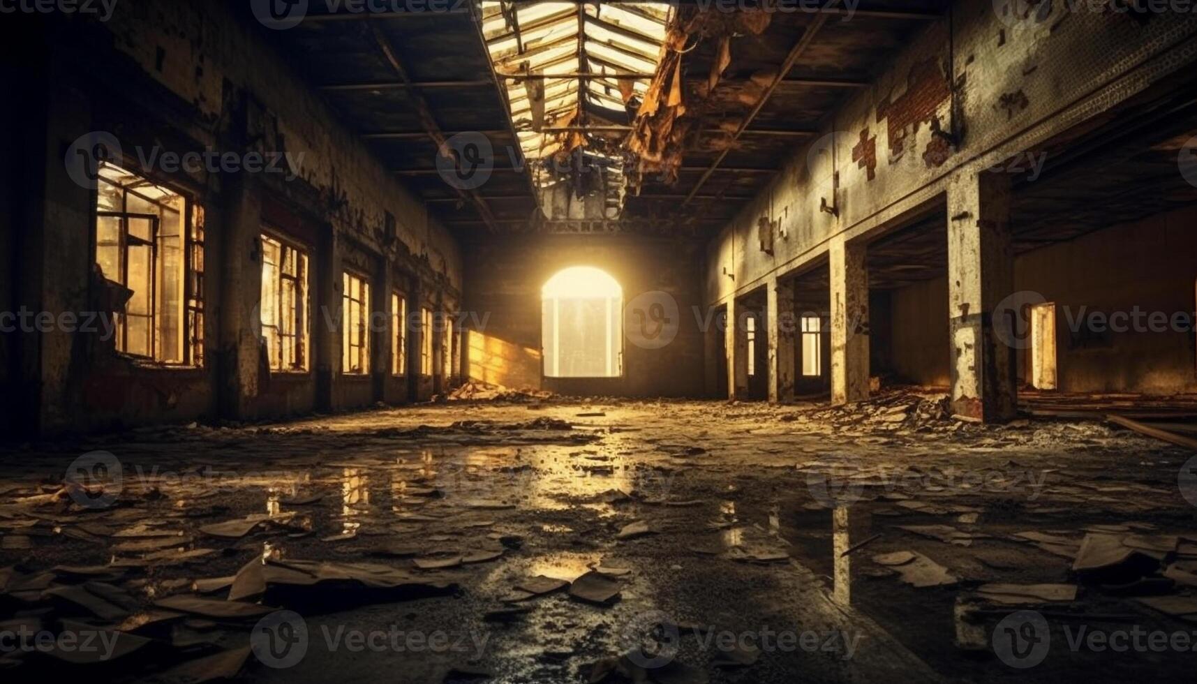 AI generated Abandoned factory, spooky corridor, rusty metal, broken windows generated by AI photo