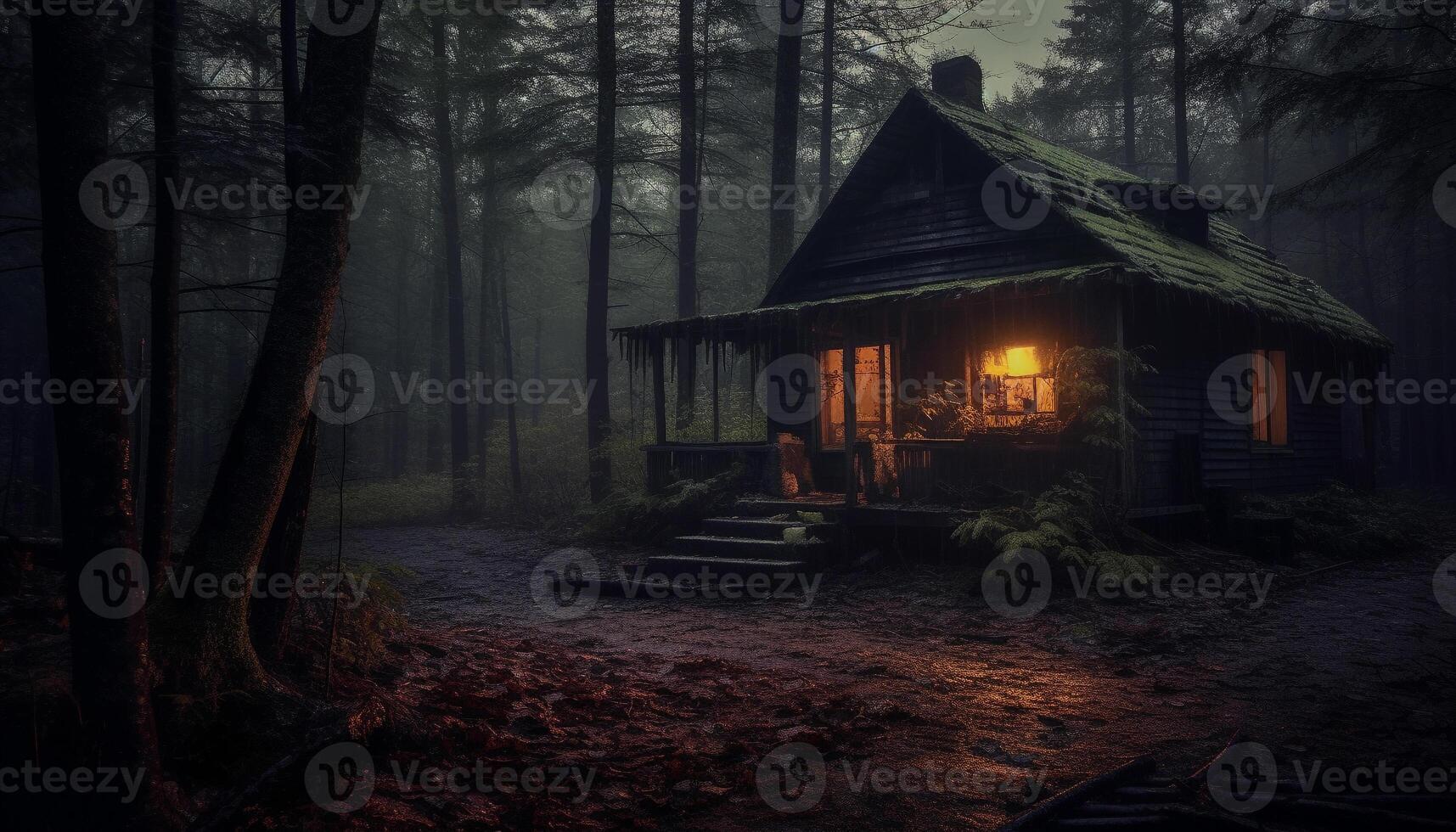 AI generated Spooky forest, dark mystery, abandoned old hut generated by AI photo