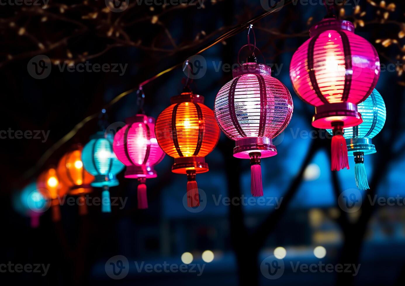 AI generated Chinese lanterns illuminate the night, celebrating traditional festivals outdoors generated by AI photo