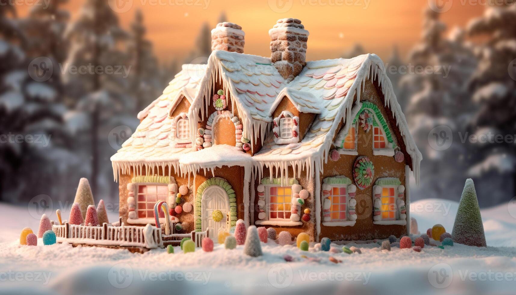 AI generated Snow covered gingerbread house with colorful candy decorations generated by AI photo