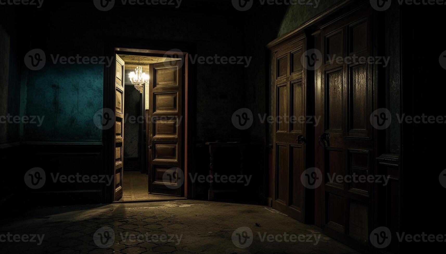 AI generated Spooky old hallway, dark wood, mysterious entrance generated by AI photo