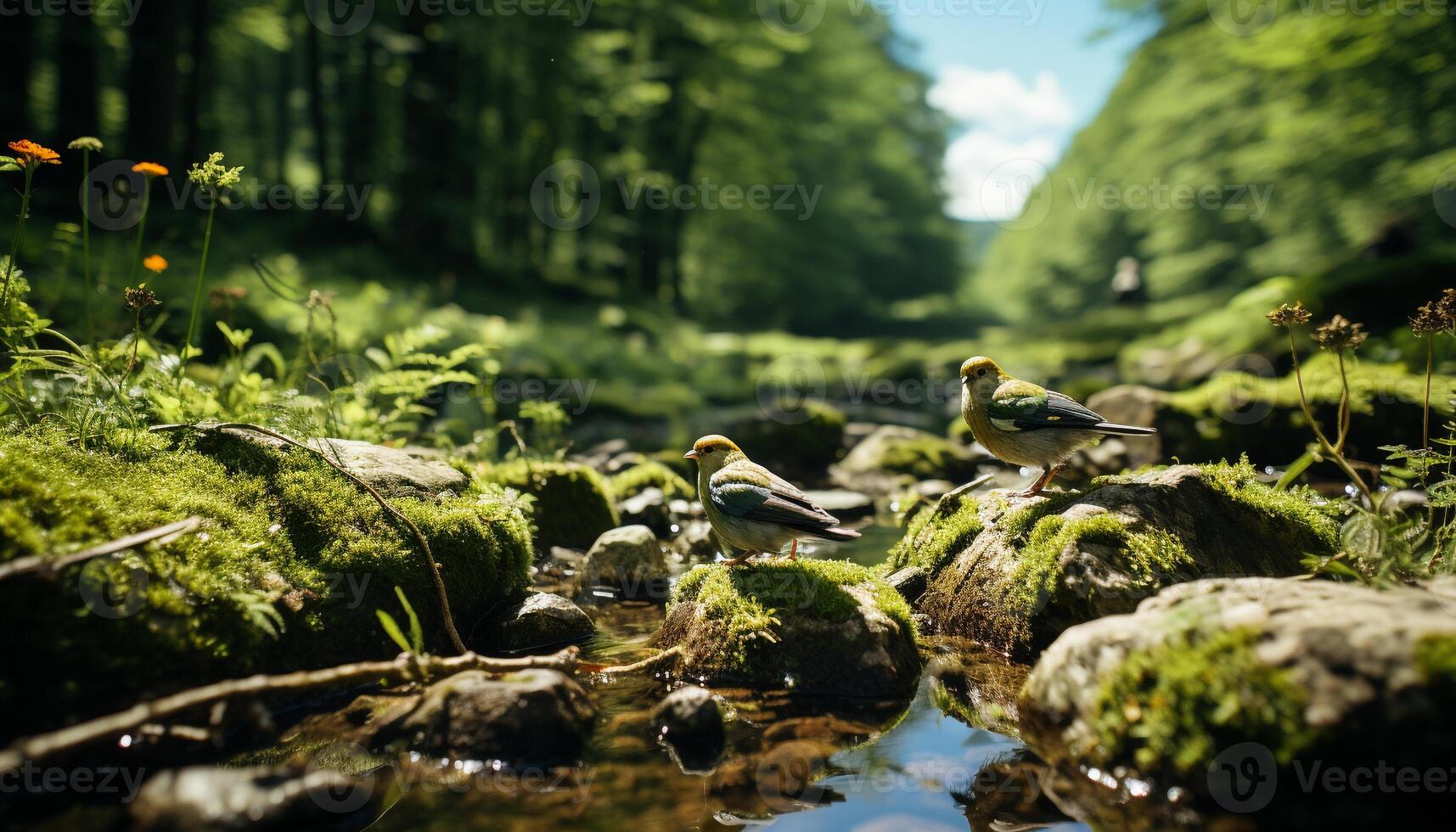 AI generated Bird perching on branch in lush green forest generated by AI photo