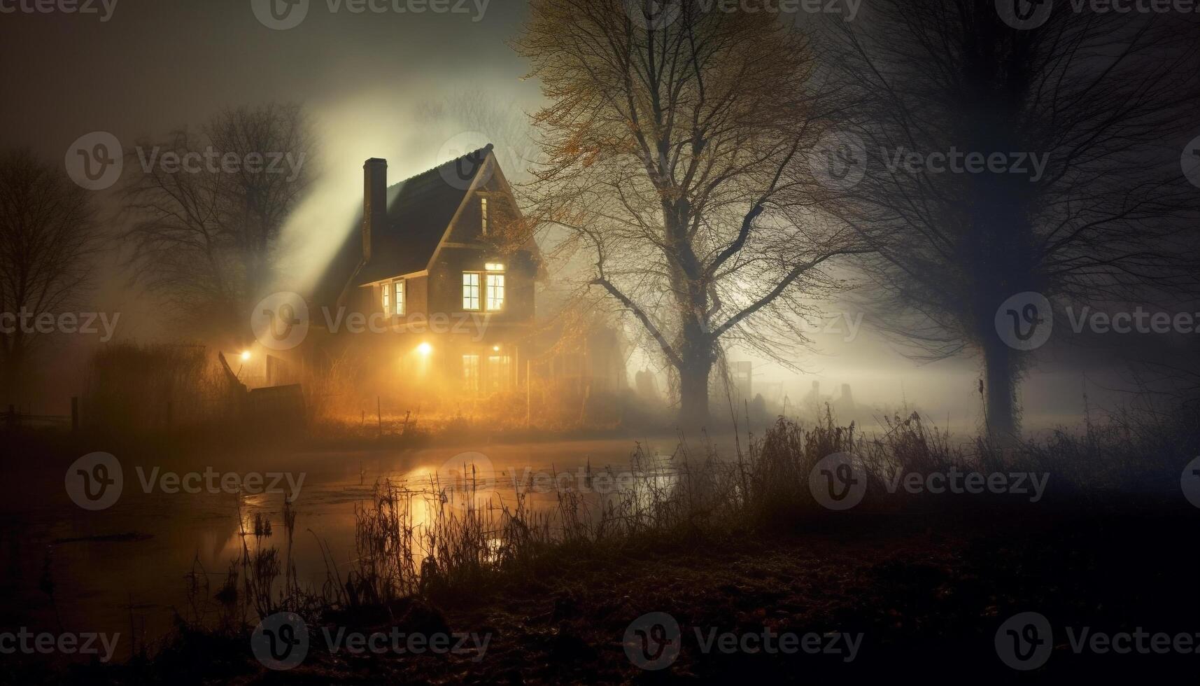 AI generated Spooky night, old chapel, foggy landscape, mysterious generated by AI photo