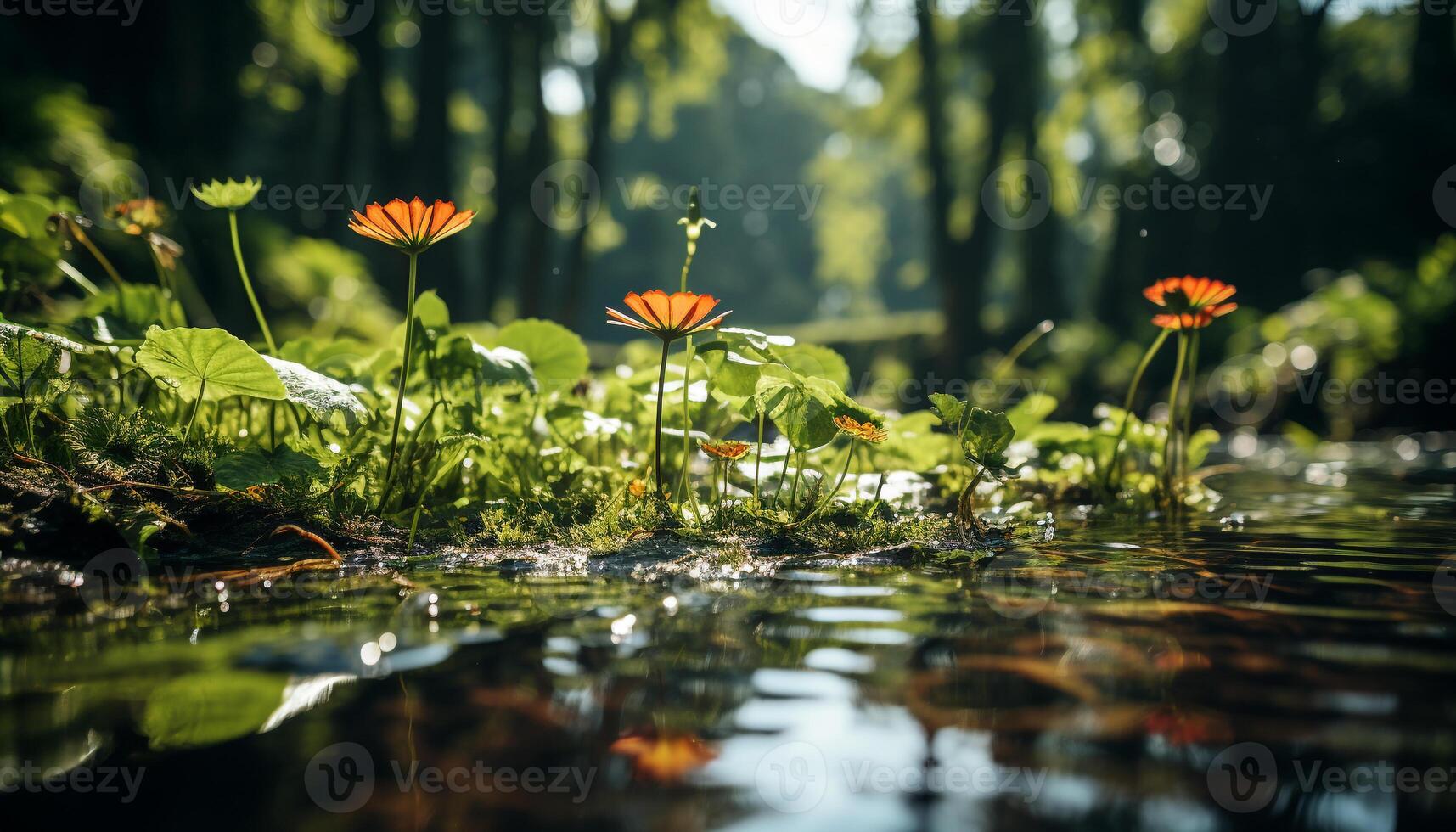 AI generated Beautiful yellow flower reflects in calm pond water generated by AI photo